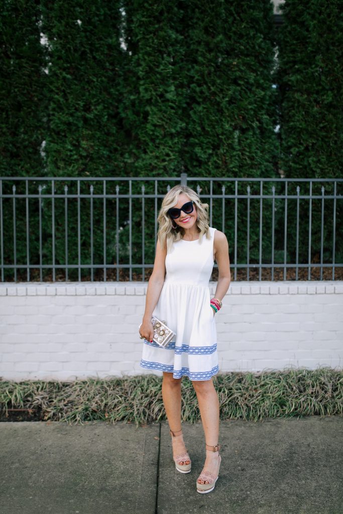 Let's Getaway... The Gibson Resort x Hi Sugarplum Collection is Here! by popular Nashville fashion blog, Hello Happiness: image of a woman wearing a Hi Sugarplum Ravello Geo Trim Sleeveless Fit & Flare Dress, ShopBop Hat Attack Jewel Box, Bright Faith bracelets, Etsy Kristin Fast Limited Hoop Earrings, ShopBop See by Chloe Glyn Wedge Espadrilles, Julie Vos Savannah Statement Ring, and Julie Vos Paris Duet Ring.