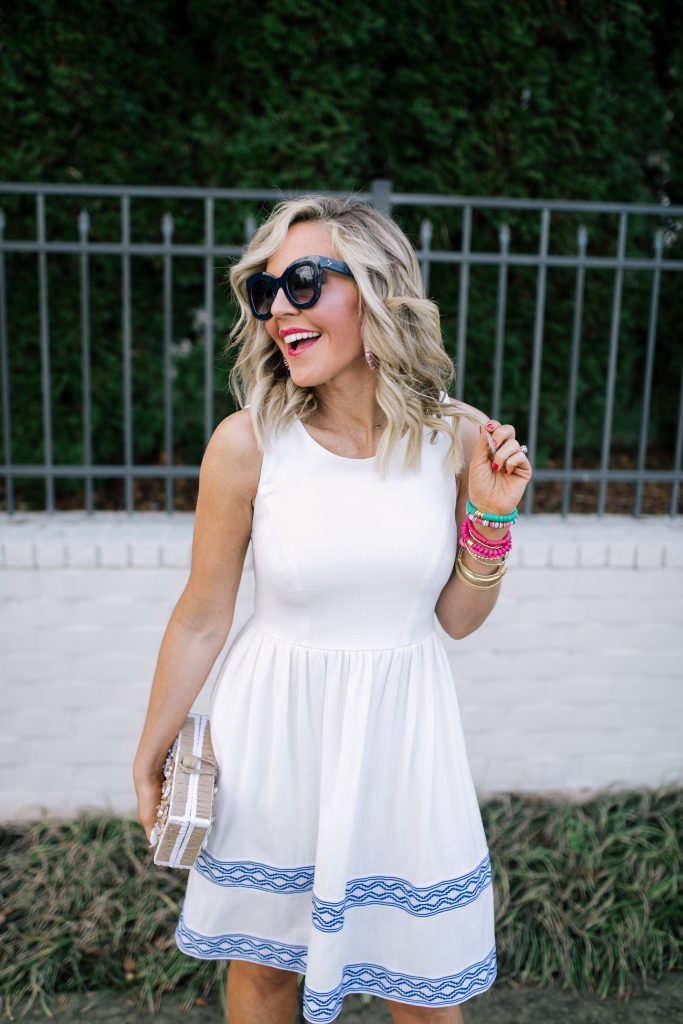 Let's Getaway... The Gibson Resort x Hi Sugarplum Collection is Here! by popular Nashville fashion blog, Hello Happiness: image of a woman wearing a Hi Sugarplum Ravello Geo Trim Sleeveless Fit & Flare Dress, ShopBop Hat Attack Jewel Box, Bright Faith bracelets, Etsy Kristin Fast Limited Hoop Earrings, ShopBop See by Chloe Glyn Wedge Espadrilles, Julie Vos Savannah Statement Ring, and Julie Vos Paris Duet Ring.