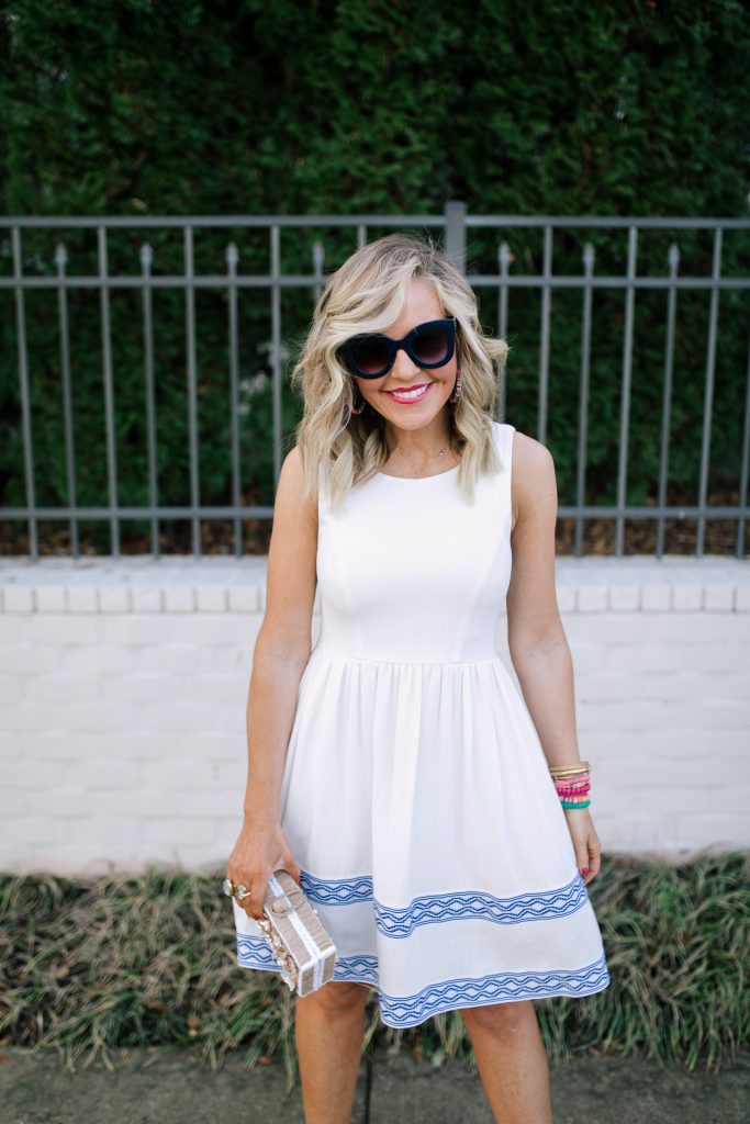 Let's Getaway... The Gibson Resort x Hi Sugarplum Collection is Here! by popular Nashville fashion blog, Hello Happiness: image of a woman wearing a Hi Sugarplum Ravello Geo Trim Sleeveless Fit & Flare Dress, ShopBop Hat Attack Jewel Box, Bright Faith bracelets, Etsy Kristin Fast Limited Hoop Earrings, ShopBop See by Chloe Glyn Wedge Espadrilles, Julie Vos Savannah Statement Ring, and Julie Vos Paris Duet Ring.