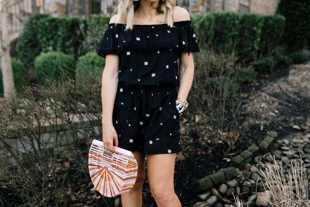 Let's Getaway... The Gibson Resort x Hi Sugarplum Collection is Here! by popular Nashville fashion blog, Hello Happiness: image of a woman wearing a Hi Sugarplum Naples Convertible Off the Shoulder Top, Hi Sugarplum Sorrento Pull-On Shorts GIBSON, Amazon Beauty YaYa Womens Bamboo/Acrylic Clutch Handbag, SOLE / SOCIETY Audrina, and Victoria Emerson THE OLIVIA STACK.