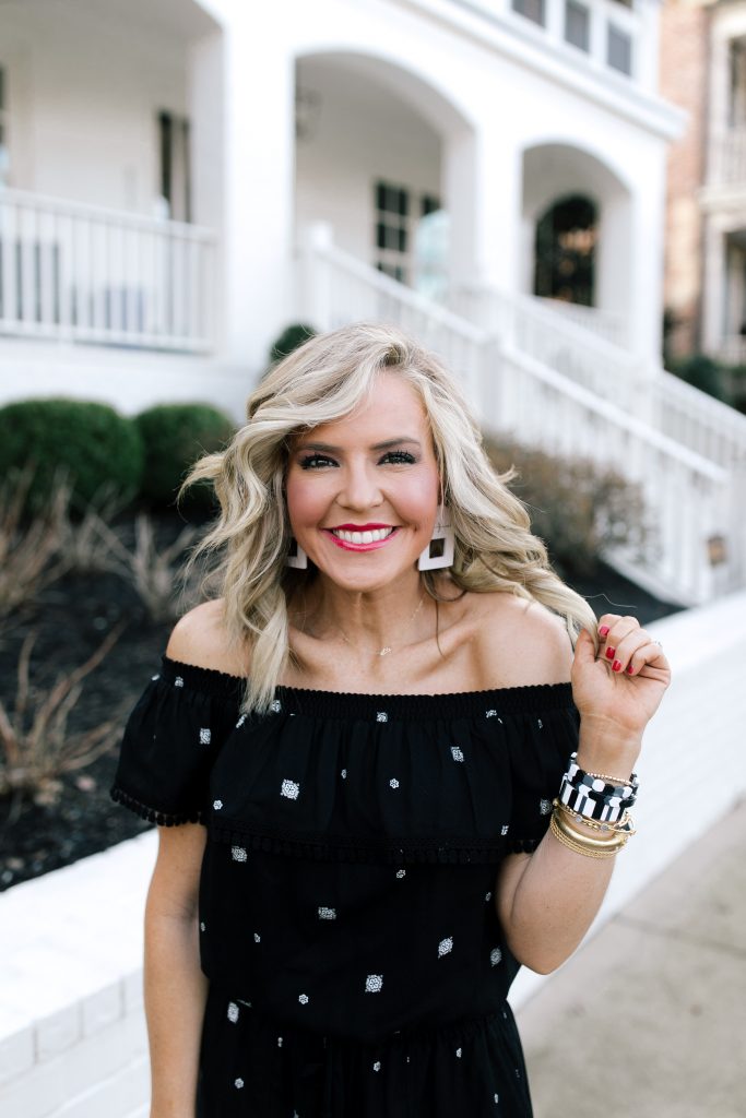 Let's Getaway... The Gibson Resort x Hi Sugarplum Collection is Here! by popular Nashville fashion blog, Hello Happiness: image of a woman wearing a Hi Sugarplum Naples Convertible Off the Shoulder Top, Hi Sugarplum Sorrento Pull-On Shorts GIBSON, Amazon Beauty YaYa Womens Bamboo/Acrylic Clutch Handbag, SOLE / SOCIETY Audrina, and Victoria Emerson THE OLIVIA STACK.