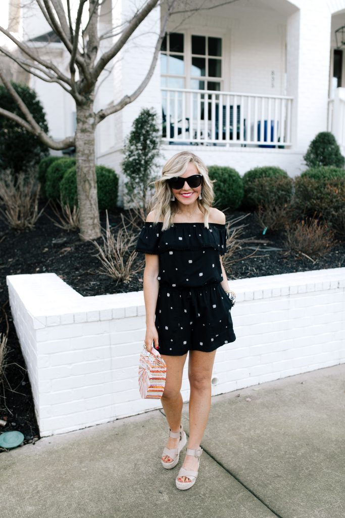 Let's Getaway... The Gibson Resort x Hi Sugarplum Collection is Here! by popular Nashville fashion blog, Hello Happiness: image of a woman wearing a Hi Sugarplum Naples Convertible Off the Shoulder Top, Hi Sugarplum Sorrento Pull-On Shorts GIBSON, Amazon Beauty YaYa Womens Bamboo/Acrylic Clutch Handbag, SOLE / SOCIETY Audrina, and Victoria Emerson THE OLIVIA STACK.