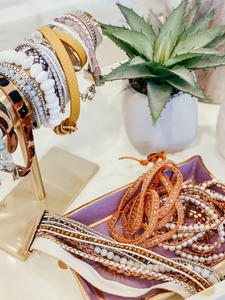 Victoria Emerson Sale by popular Nashville fashion blog, Hello Happiness: image of a Victoria Emerson Yellow Double Wrap, Prescott Cuff, Leopard Double Wrap and Freshwater Pearls on Natural, Crystal Ice on Sunrise