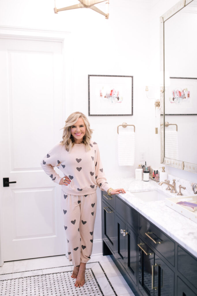 Spring Pajamas by popular Nashville fashion blog, Hello Happiness: image of a woman wearing a Honeydew Star Seeker Printed Pajama Set.