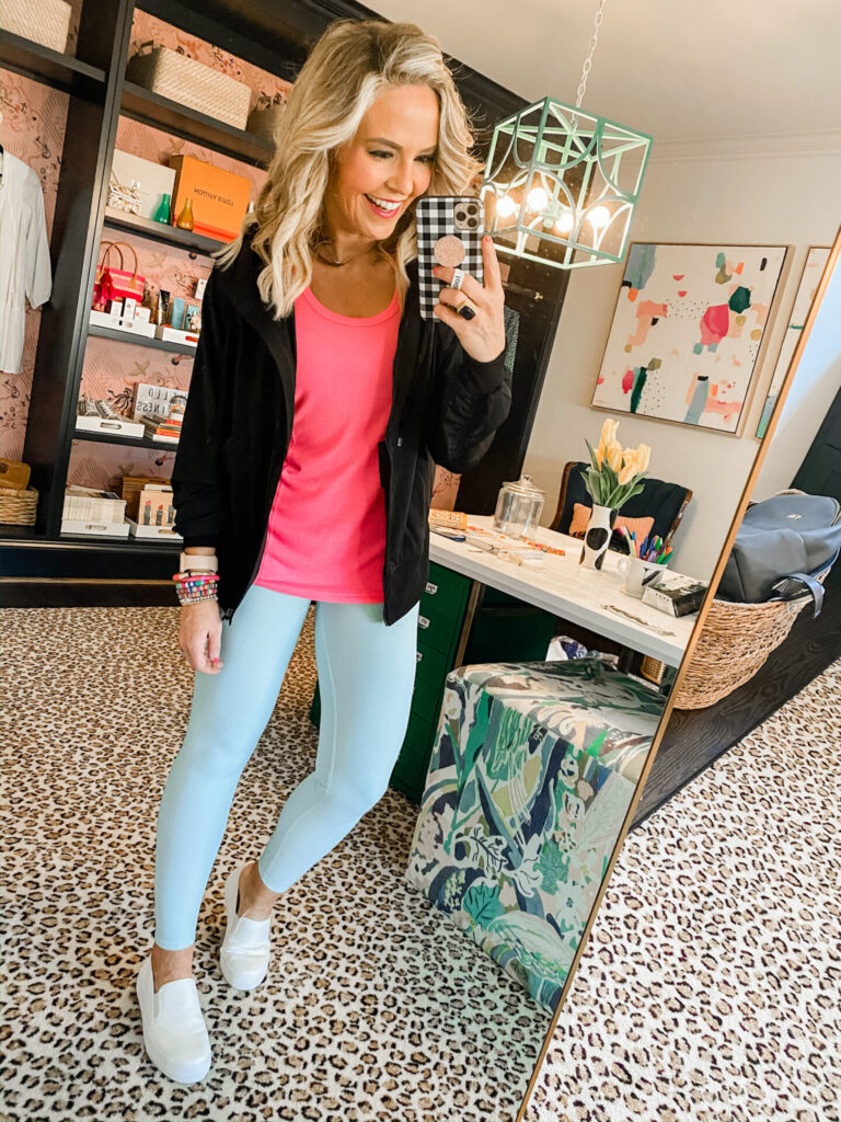 Walmart Style Guide by popular Nashville fashion blog, Hello Happiness: image of a woman wearing Walmart Athletic Works Women's Active High Waisted Leggings, Walmart Athletic Works Women's Core Active Racerback Tank, and Walmart Athletic Works Women's Athleisure Zip Front Hooded Jacket with Shirred Sleeves.