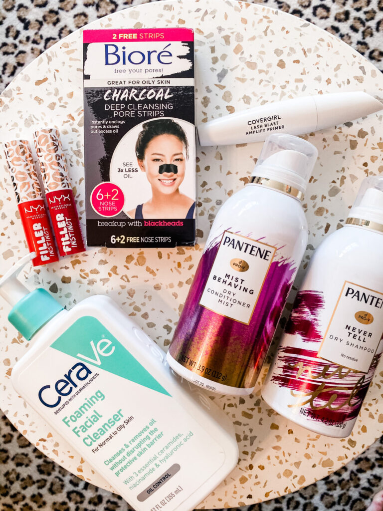 Best Drugstore Beauty Products by popular Nashville beauty blog, Hello Happiness: image of Biore charcole deep cleansing pore strips, Pantene mist behaving dry conditioner, Pantene mist behaving dry shampoo, CeraVe foaming facial cleanser, Covergirl mascara, and NYX Filler Instinct lip color. 