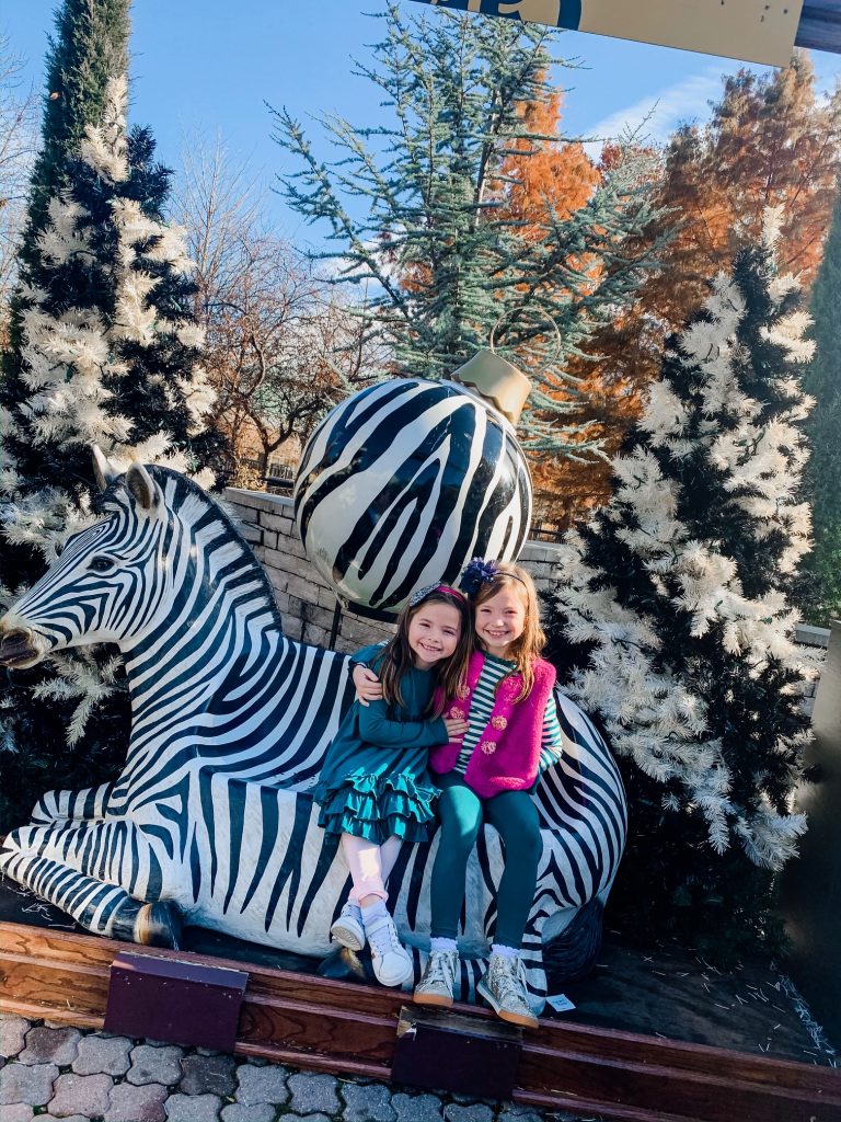 Meet Me for a Weekend in St. Louis | The Perfect Family Getaway by popular travel blog, Hello Happiness: image of two girls sitting on a zebra bench at the St. Louis zoo.