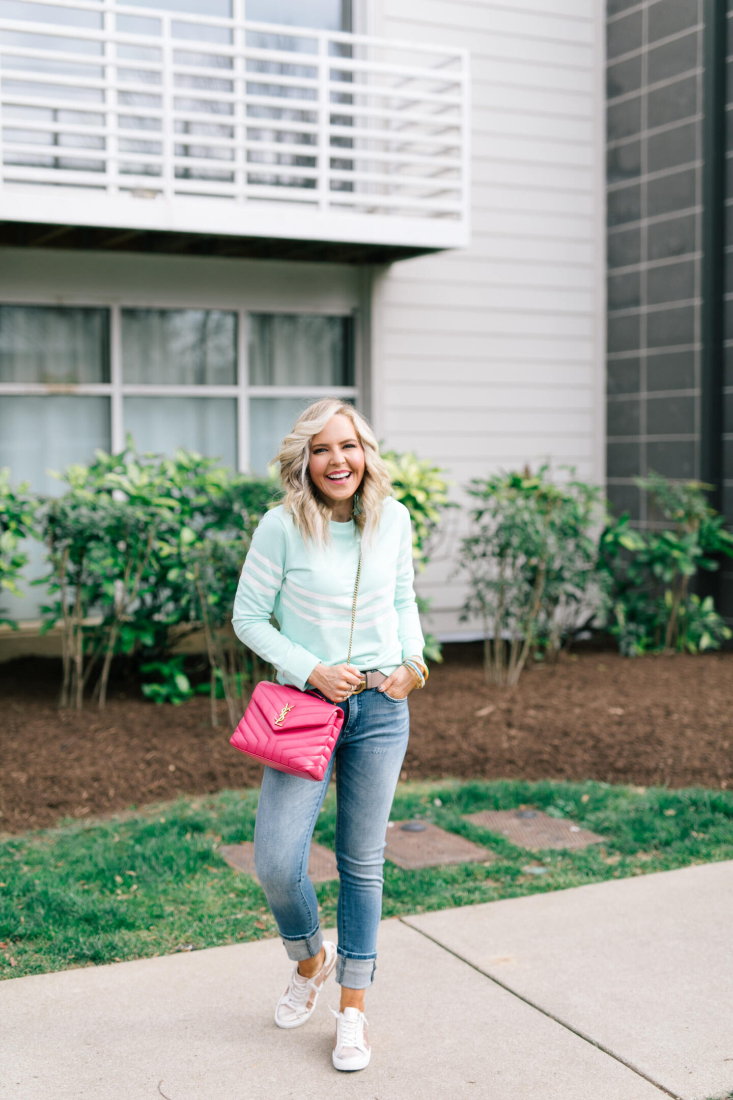 Sail to Sable by popular Nashville fashion blog, Hello Happiness: collage image of Natasha Stoneking wearing a Sail to Sable stripe sweatshirt, boyfriend jeans, rose gold glitter sneakers, and carrying a YSL LouLou bag. 