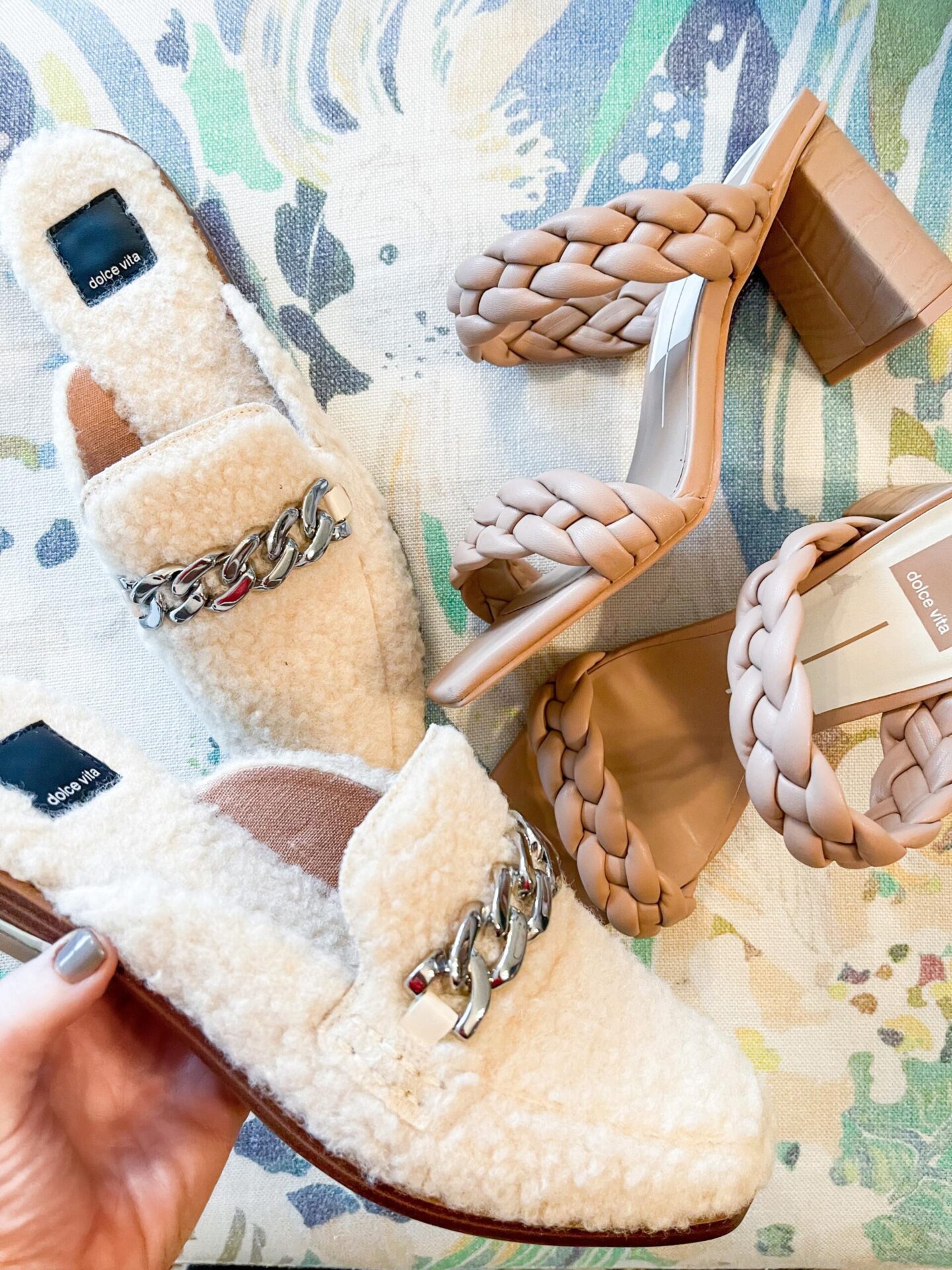 Fall Outfits by popular Nashville fashion blog, Hello Happiness: image of a pair of sherpa loafers and Dolce Vita braided strap sandals.