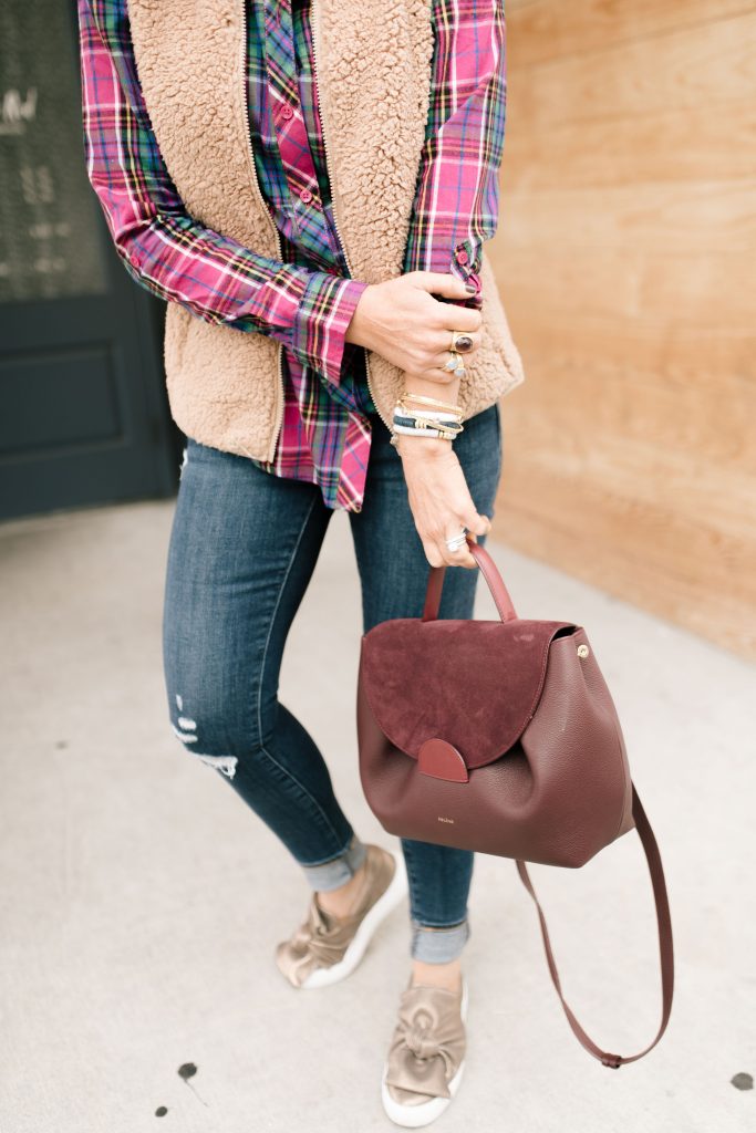 Staple Everyday Style + New Favs | We Dress America by popular Nashville fashion blog, Hello Happiness: image of a woman wear a Walmart Time and Tru Women's Woven Plaid Shirt, Walmart Signature by Levi Strauss & Co. Women's Modern Slim Cuffed Jean, Walmart J/Slides - Audra - Taupe Metallic Leather, Walmart Quay Australia "It's My Way" Cat Eye Sunglasses, and Walmart fleece vest.