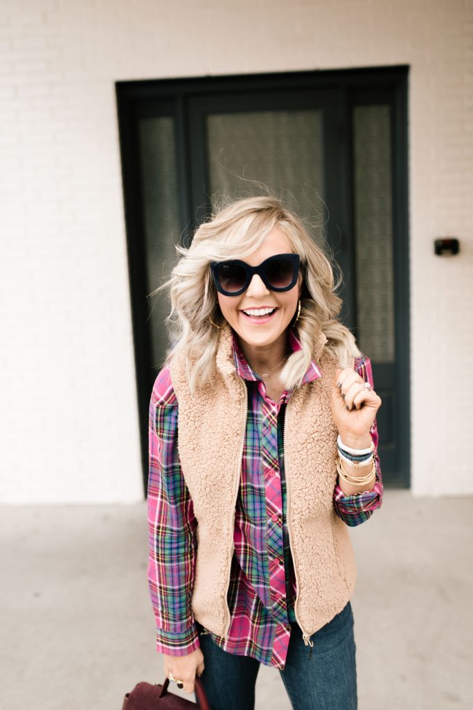 Staple Everyday Style + New Favs | We Dress America by popular Nashville fashion blog, Hello Happiness: image of a woman wear a Walmart Time and Tru Women's Woven Plaid Shirt, Walmart Signature by Levi Strauss & Co. Women's Modern Slim Cuffed Jean, Walmart J/Slides - Audra - Taupe Metallic Leather, Walmart Quay Australia "It's My Way" Cat Eye Sunglasses, and Walmart fleece vest.