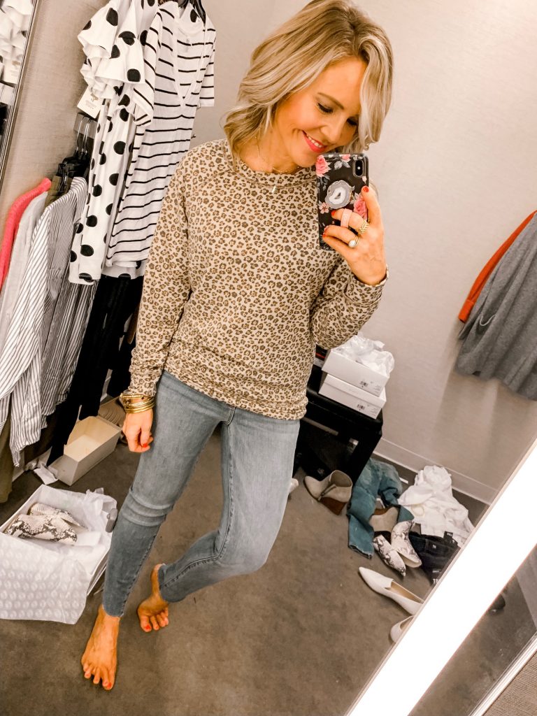 It's LIVE, The 2019 Nordstrom Anniversary Sale... First Look Favs + Dressing Room Diaries by popular Nashville fashion blog, Hello Happiness: image of a woman standing in a Nordstrom dressing room and wearing a Caslon Cozy Print Sweatshirt.