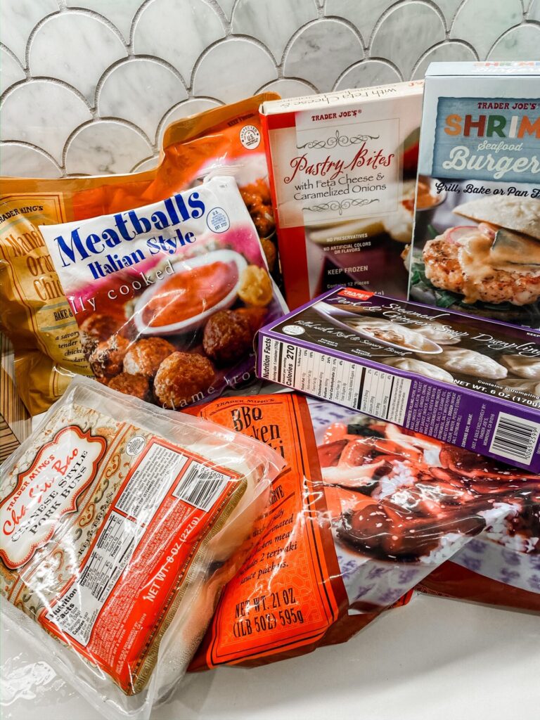 Trader Joe's Haul by popular Nashville lifestyle blog, Hello Happiness: image of Trader Joe's meatballs, Trader Joe's Pastry Bites, Trader Joe's shrimp burger, and Trader Joe's BBQ chicken.
