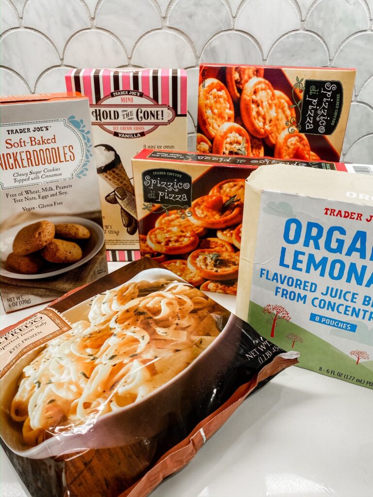 Trader Joe's Haul by popular Nashville lifestyle blog, Hello Happiness: image of Trader Joe's Soft Baked Snickerdoodles, Trader Joe's Spizzico de pizza, Trader Joe's Fettuccini Alfredo, and Trader Joe's mini ice cream cones. 