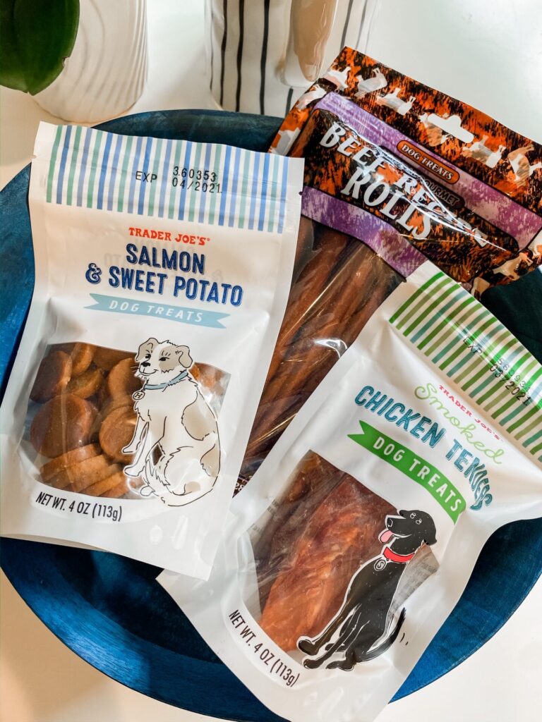 Trader Joe's Haul by popular Nashville lifestyle blog, Hello Happiness: image of Trader Joe's Salmon and Sweet Potato dog treats, Trader Joe's Chicken Tenders dog treats, Trader Joe's Beef Rolls. 