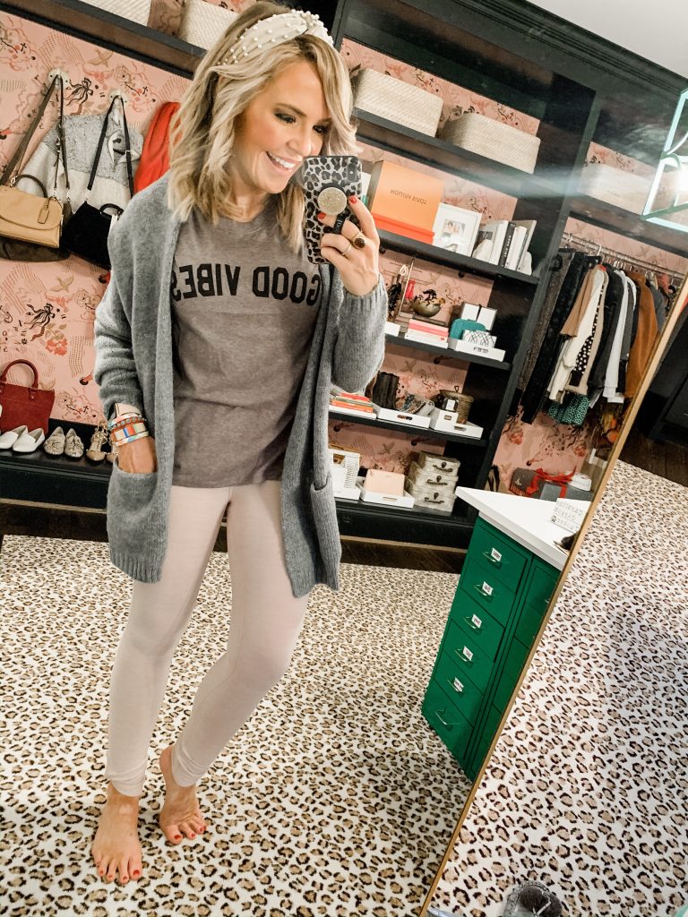 Staple Everyday Style + New Favs | We Dress America by popular Nashville fashion blog, Hello Happiness: image of a woman wear a Walmart Scoop Women's Boyfriend Cardigan, Walmart Avia Women's Active Meet Me At The Barre 7/8 Legging, and Walmart Sub Urban Riot Women's Athleisure Good Vibes Loose Tee