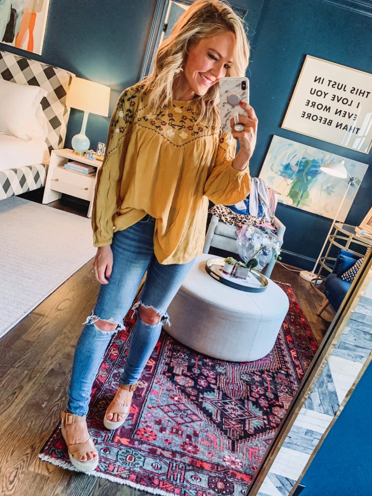 Amazon Fashion Favorites featured by top US fashion blog Hello! Happiness; Image of a woman wearing a mustard embroidered top from Amazon.
