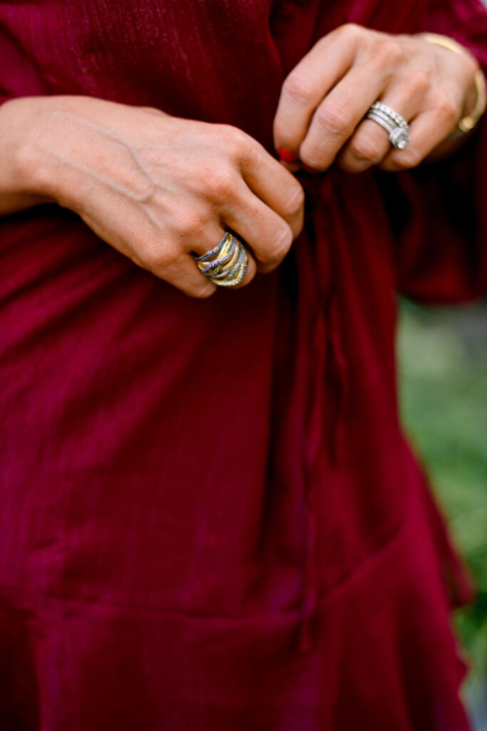 Accessory Concierge by popular Nashville fashion blog, Hello Happiness: image of Natasha Stoneking wearing the Accessory Concierge Rainbow's edge cocktail ring. 