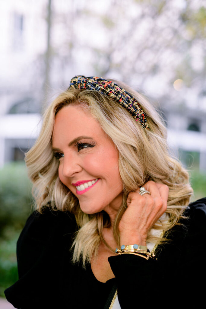 Accessory Concierge by popular Nashville fashion blog, Hello Happiness: image of Natasha Stoneking wearing a black puff sleeve top and Accessory Concierge Evie headband. 