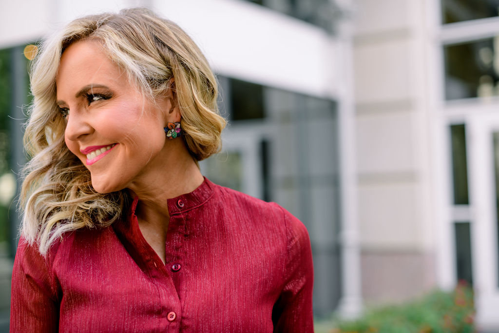 Accessory Concierge by popular Nashville fashion blog, Hello Happiness: image of Natasha Stoneking wearing the Accessory Concierge Amaryllis stud earrings. 