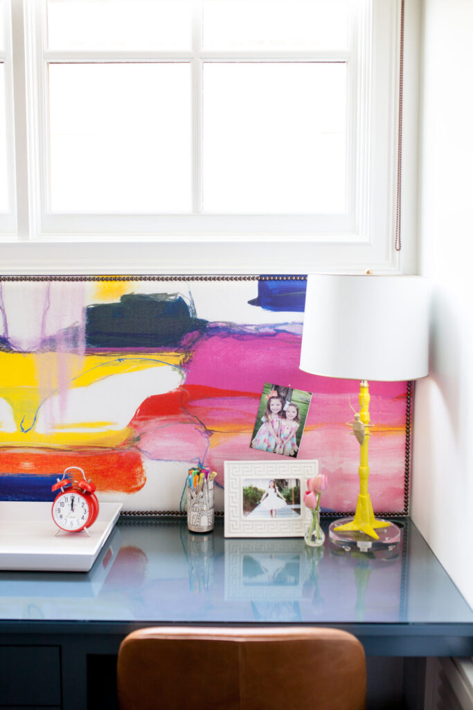 Home School Tips by popular Nashville lifestyle blog, Hello Happiness: image of a Stray Dog Designs Gold Bug Table Lamp, SCHUMACHER DECONSTRUCTED STRIPE BLACK FABRIC, West Elm Mid-Century Leather Dining Chair, ShopBop Jonathan Adler Greek Key Frame, Burke Decor Charlie Bell Echo Alarm Clock in Fire Engine Red design by Newgate, and Target Rectangle Melamine Polka Dot Serving Tray.