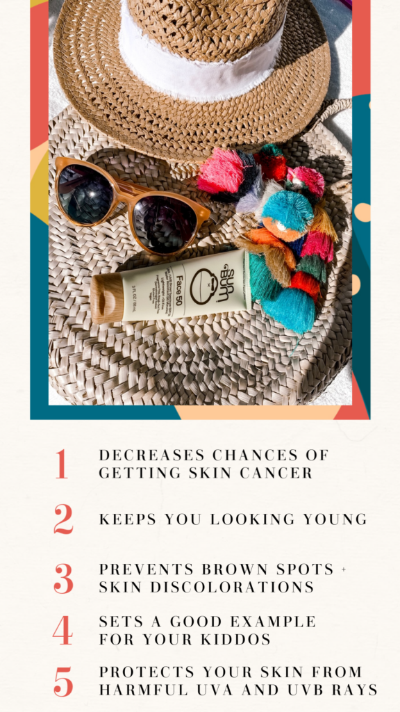 Sun Protection Products by popular Nashville beauty blog, Hello Happiness: Pinterest image of sun protection tips, straw sun hats, sun glasses, tassel and pom-pom garland, and Sun Bum sunscreen. 