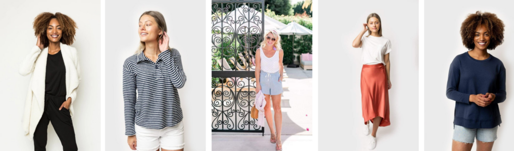 Gibson Look by popular Nashville fashion blog, Hello Happiness: collage image of a Gibson Look Teddy Fuzzy Cardigan, Slub Stripe Polo Collar Top, Summerland Tank, Ruffle Wrap Skirt, and Soft Sweatshirt.