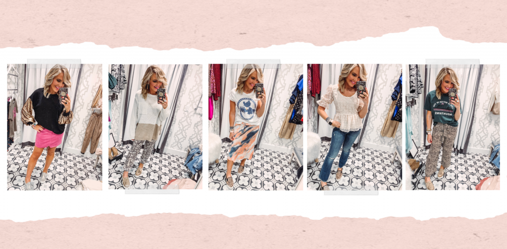 Say Hello to the Vici Collection in 2020! by popular Nashville fashion blog, Hello Happiness: image of a woman wearing a Vici Sequin Thermal Top + Pink Pocket Suede Skirt | Colorblock Sweater + Python Joggers | Woodstock Tee + Tie Dye Skirt  | Crochet Lace Peplum Top  + Karla Crop Flare Denim | Mountains Tee + Pocket Tie Pants.