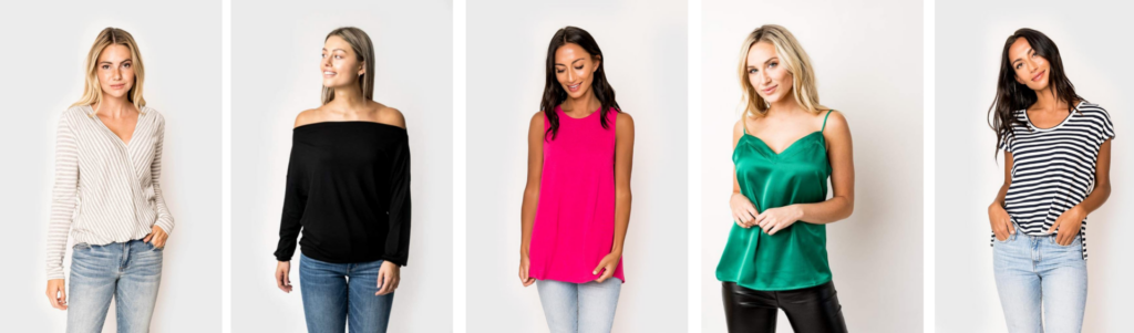 Gibson Look by popular Nashville fashion blog, Hello Happiness: collage image of a Gibson Look Mallory Stripe Knit Wrap Top, Blouson Off the Shoulder Blouse, Millie Muscle Tank, Satin Cami, and Cap Sleeve Stripe Tee.