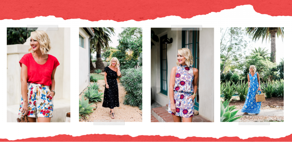 Let's Getaway... The Gibson Resort x Hi Sugarplum Collection is Here! by popular Nashville fashion blog, Hello Happiness: image of a woman wearing Hi Sugarplum Mondello Slub Pocket Tee [$49] + Sorrento Pull-On Short [$52] | Naples Off the Shoulder Top [$62] + Portofino Tiered Maxi [$62] | Capri Smocked Waist Romper [$78] | Amalfi Maxi Dress [$108].