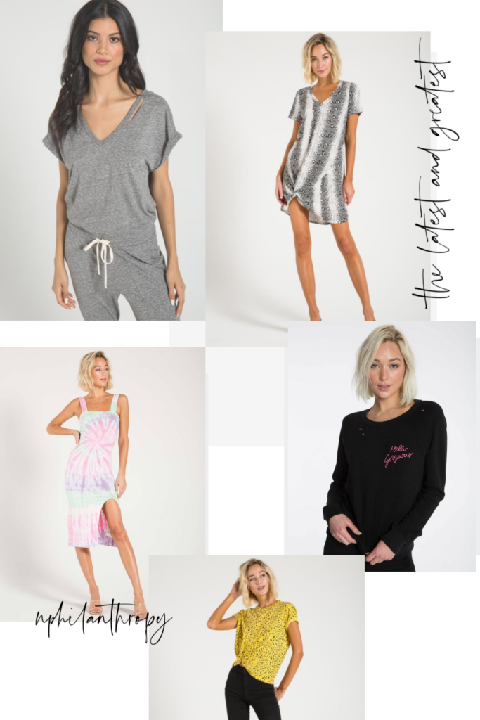 N Philanthropy by popular Nashville fashion blog, Hello Happiness: collage image of a women wearing a N Philanthropy Space Jumpsuit, Leonardo Dress, Midi Key Dress, Belize Sweatshirt, Shanghai Tee 