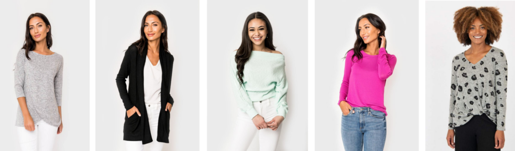 Gibson Look by popular Nashville fashion blog, Hello Happiness: collage image of a Gibson Look Convertible Crossover Top, Ribbed Trim Cardigan, Bubble OTS Sweater, Cozy Fitted Top, and VNeck Twist Top