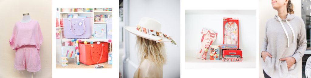 How to Support Small Business: image of a a loungewear set, totes, hat scarf, toys, and a hoodie from Duckies, Seaside Mercantile + Disco30a.