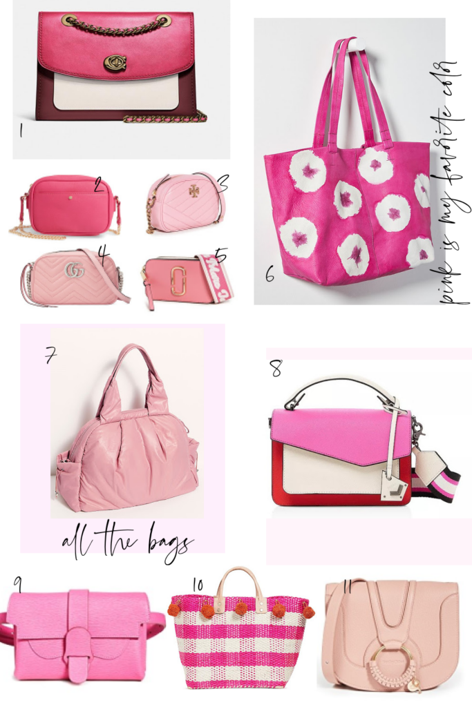 Pink Bags by popular Nashville fashion blog, Hello Happiness: collage image of  Parker Colorblock Crossbody, Vegan Leather Camera Bag, Kira Chevron Crossbody, Leather Camera Bag, Snapshot Crossbody,  Shibori Leather Tie Dye Tote, Caraa Nimbus Tote, Cobble Hill Crossbody, Aria Belt Bag, Pompei Mar Y Sol Tot, and Hana Small Saddle Bag.