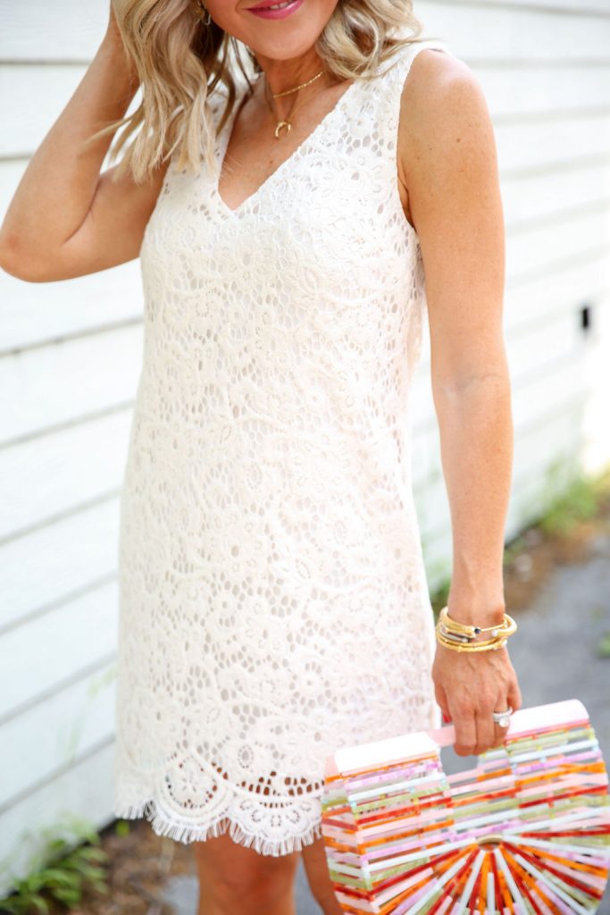 Summer Capsule Wardrobe featured by top US fashion blog Hello! Happiness; Image of a woman wearing Social Threads lace dress and Amazon bag.