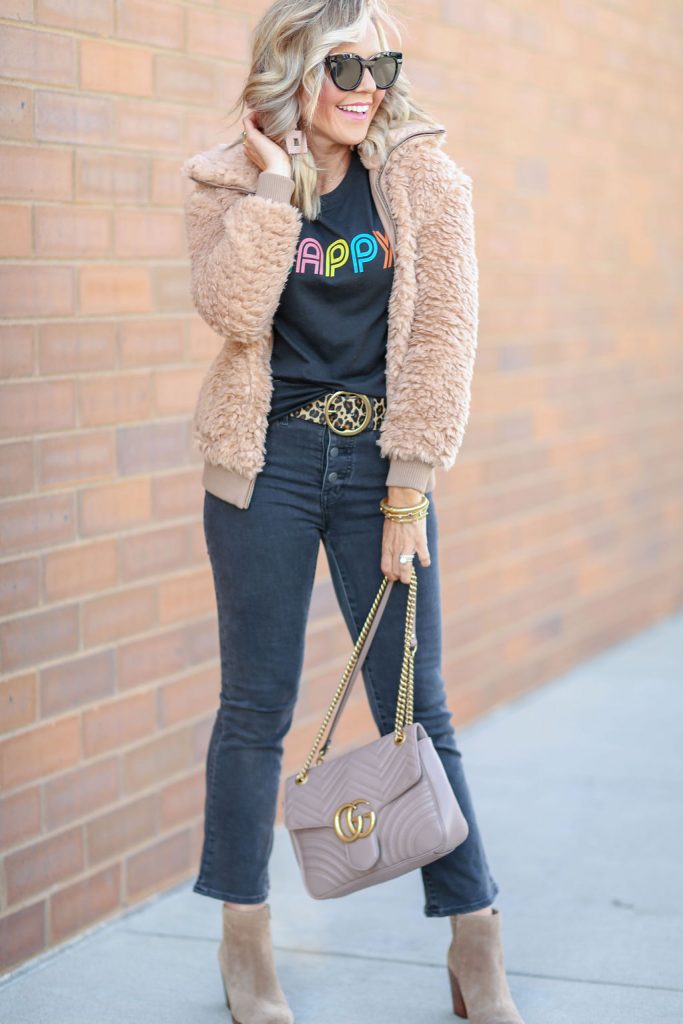 Cute Graphic Tees featured by top US fashion blog, Hello! Happiness: image of a woman wearing a Happy graphic tee