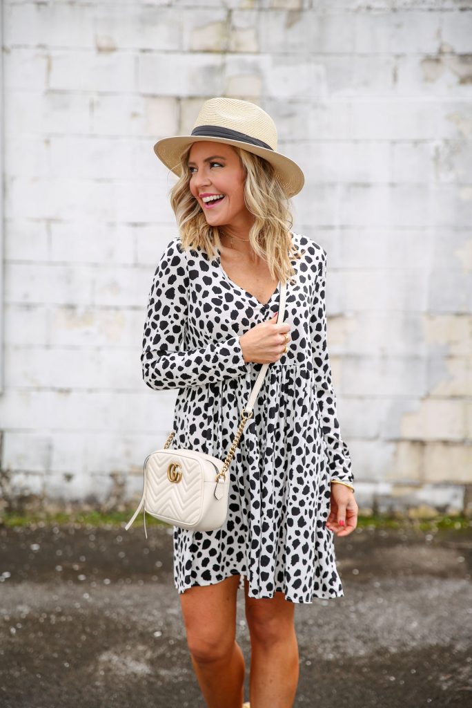 Spring Style featured by top US fashion blog Hello! Happiness; Image of a woman wearing a ASOS dress, Amazon wide brimmed hat and Gucci purse.