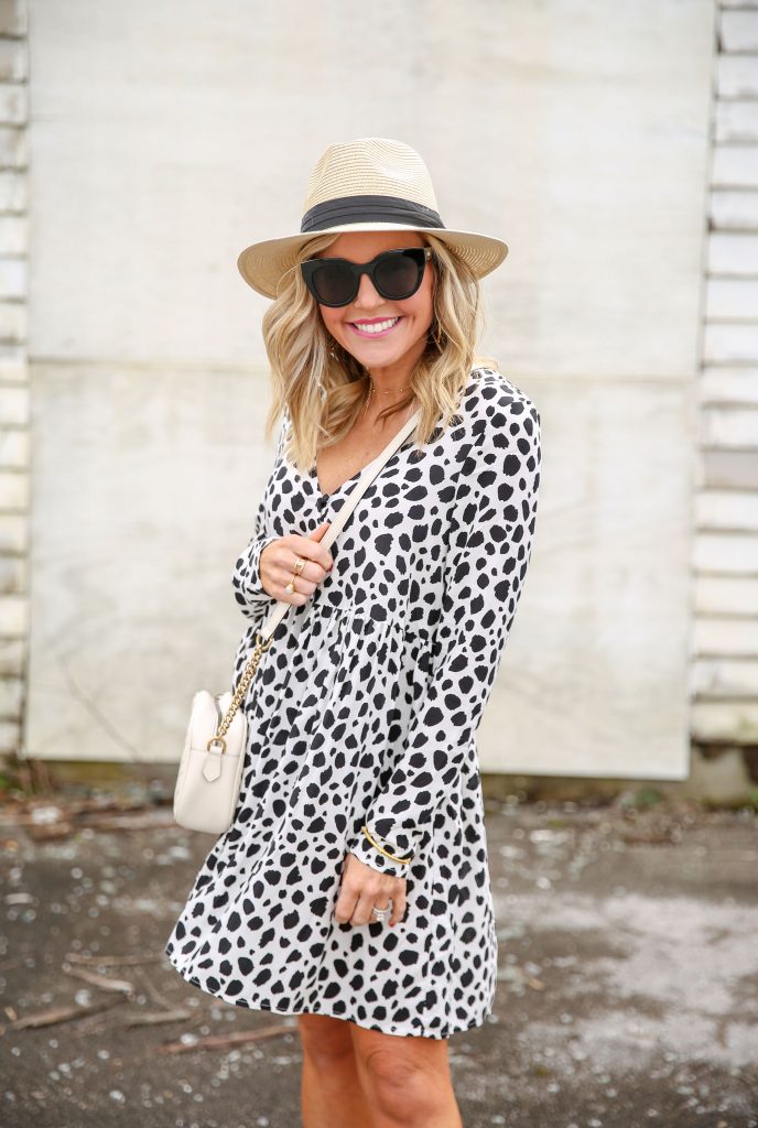 Spring Style featured by top US fashion blog Hello! Happiness; Image of a woman wearing a ASOS dress, Amazon wide brimmed hat and Gucci purse.