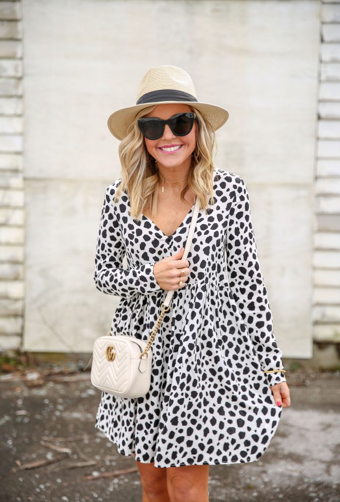 Spring Style featured by top US fashion blog Hello! Happiness; Image of a woman wearing a ASOS dress, Amazon wide brimmed hat and Gucci purse.