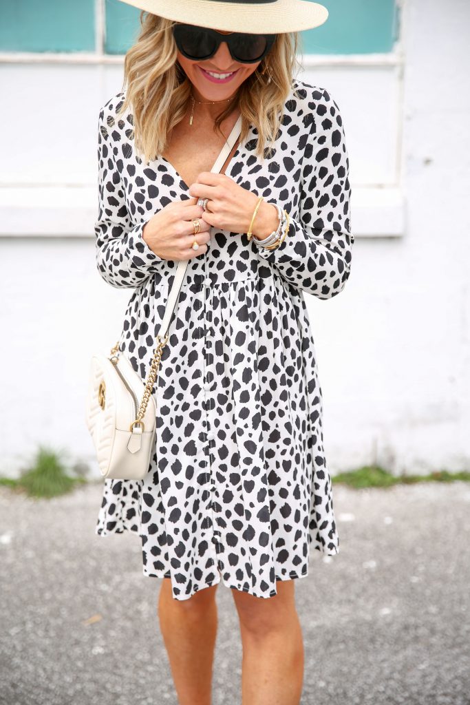 Spring Style featured by top US fashion blog Hello! Happiness; Image of a woman wearing a ASOS dress, Amazon wide brimmed hat and Gucci purse.