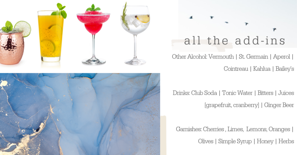 Bar Cart Essentials by popular Nashville lifestyle blog, Hello Happiness: digital image of various alcoholic drink add-ins.  