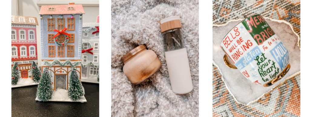 Anthropologie Sale by popular Nashville life and style blog, Hello Happiness: image of a Anthropologie holiday village, Anthropologie candle, and Anthropologie Christmas mug. 