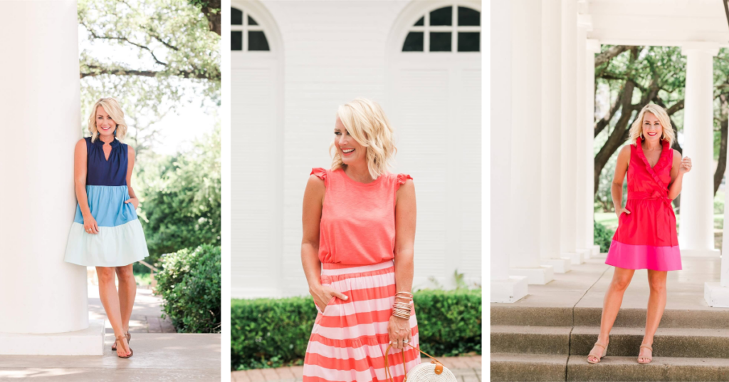 Gibson x Hi Sugarplum by popular Nashville fashion blog, Hello Happiness: image of a woman wearing a gibson x Hi Sugarplum Flamingo Tiered Colorblock Dress, Bonita Ruffled Racerback Tank, and Sunbrella Ruffle Colorblock Wrap Dress.