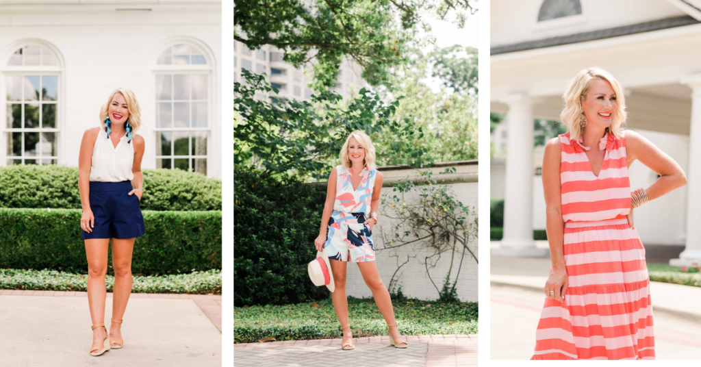 Gibson x Hi Sugarplum by popular Nashville fashion blog, Hello Happiness: image of a woman wearing a gibson x Hi Sugarplum Coconut Henley Halter Tank, Playa High Waisted Short, and Sunshine Ruffled V-Neck Top.