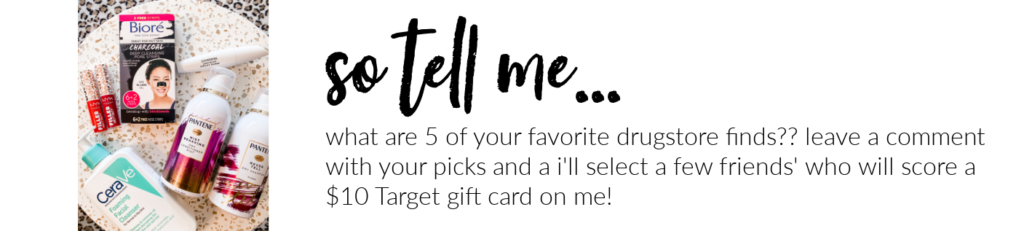 Best Drugstore Beauty Products by popular Nashville beauty blog, Hello Happiness: image of Biore charcole deep cleansing pore strips, Pantene mist behaving dry conditioner, Pantene mist behaving dry shampoo, CeraVe foaming facial cleanser, Covergirl mascara, and NYX Filler Instinct lip color. 