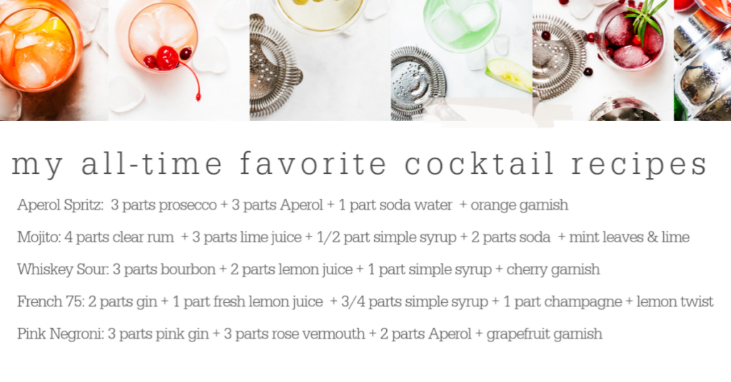 Bar Cart Essentials by popular Nashville lifestyle blog, Hello Happiness: digital image of various cocktail recipes. 