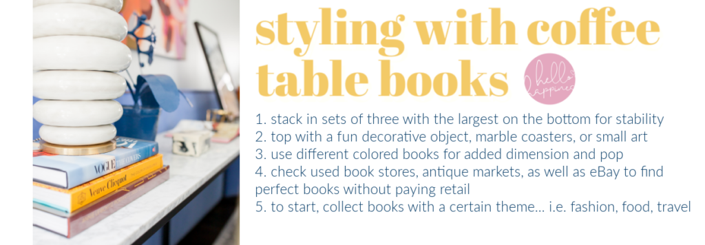 Coffee Table Books by popular Nashville lifestyle blog, Hello Happiness: image of a white lamp resting on top of a stack of coffee table books. 