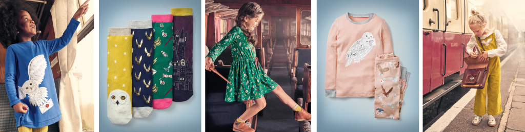 The Magical World of the Mini Boden Harry Potter Collection by popular Nashville fashion blog, Hello Happiness: image of Mini Boden Hedwig Post Dress, 4 Pack Harry Potter Socks, Hogwarts Printed Dress, Harry Potter Long John Pajamas, and Hedwig Overalls.