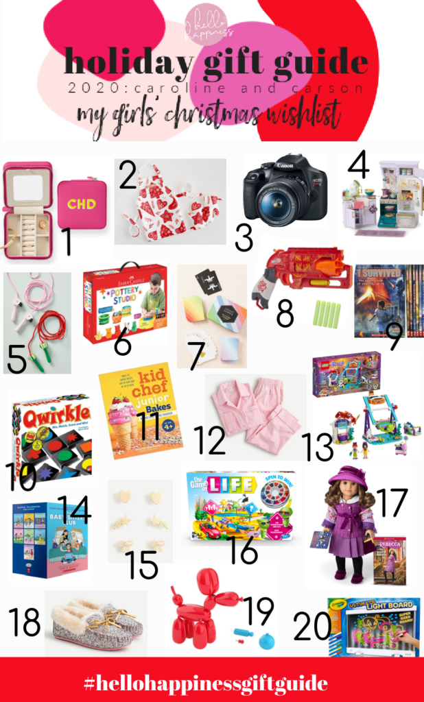 Gift Ideas for Girls by poplar Nashville life and style blog, Hello Happiness: collage image of a Small Travel Jewelry Case, Simple Christmas Apron and Mitt Set, Canon EOS Rebel Camera, American Girl Kitchen, Animal Jump Ropes, Pottery Wheel Studio, Rainbow Playing Card Set, Nerf Zombie Gun, I Survived Book Set, Quirkle Game, Junior Bakes Cookbook, Pink Peppermint Pajama Set, Lego Underwater Friends Set, Babysitter's Club Graphic Novel Bundle, Enchanted Earring Set, The Game of Life, American Girl Rebecca Doll, Glitter Moccasins, Squeakee the Balloon Robot Dog, and Crayola Ultimate Light Board.