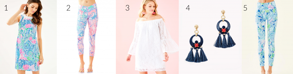 The Lilly Pulitzer After Party Sale is LIVE! by popular Nashville fashion blog, Hello Happiness: collage image of Lilly Pulitzer Mila Shift Dress, UPF 50+ High Rise  Crop Legging, Nevie Dress, Maritime Earrings and UPF 50+ High Rise Weekender Midi Legging